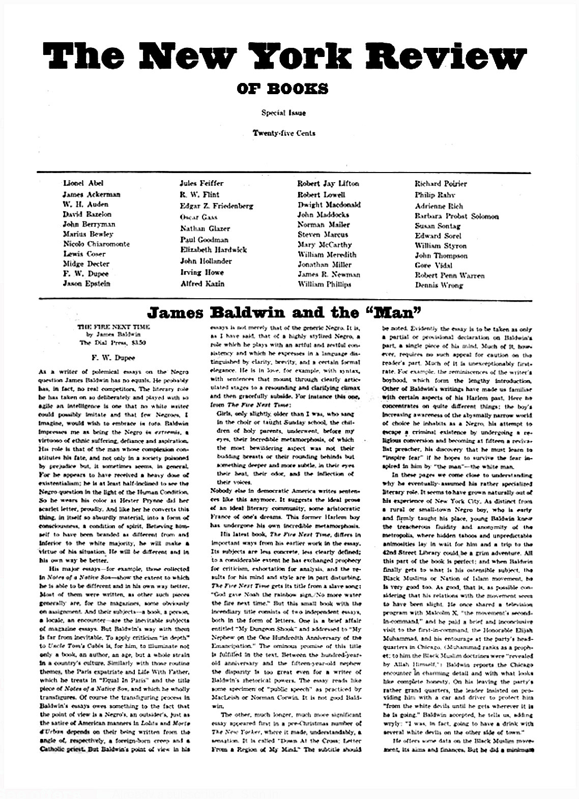 The first issue of the New York Review of Books, from February 1, 1963